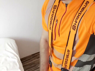 Lumberjack in Hivis Jerks His Huge Cock and Muscle Worship
