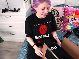 Petite purple-haired alt girl shows off her cute outfit while