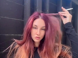 Smoking Outdoor Along Hair Fetish and Boobs Flash