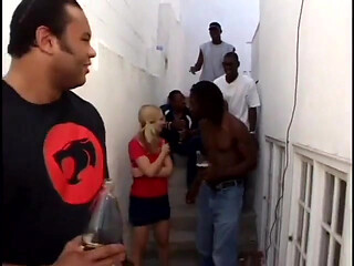 A group of black dudes becomes a group sex party with blonde slut
