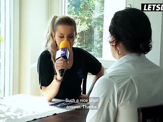 Mature blonde German MILF interviews him at the table before begging for