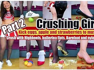 Sneakers And Ballerinas Barefoot Crushing Crushes Eggs Apples And Strawberries With High Heels