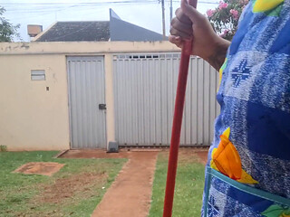 Hotwife Cleaning the Yard in Just an Apron and Slutty Panties