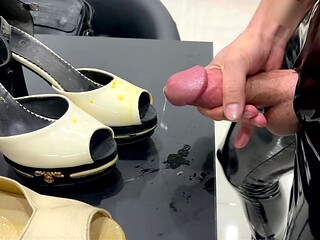 Sexy Iranian babe gets a massive cumshot in latex pants and wedge heels