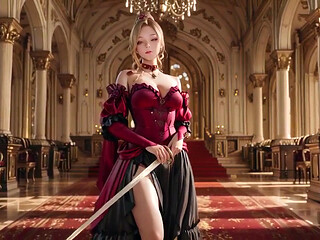 Queen in White! Red & Black Gown Princess on All Fours, Lips Parted for a Tease