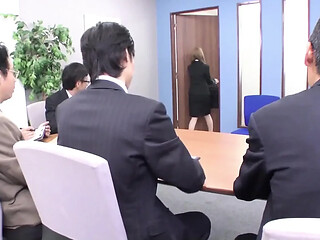 Slutty office lady gets gangbanged by suited men