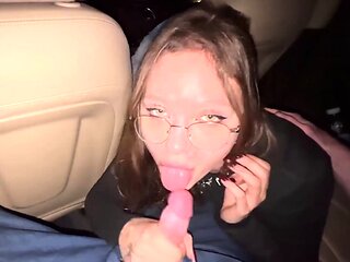 POV oral pleasure with jism in throat during travel! Risky