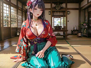 Purple Hair & Kimono! Seductive Kneeling in a Japanese Garden.