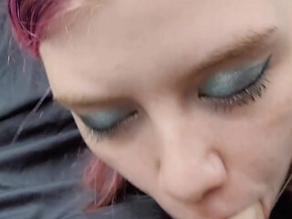 Giving a cute purple haired alt girl an oral creampie in the car!