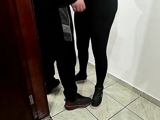 Lovers hooking up during work hours with cumshot in mouth.