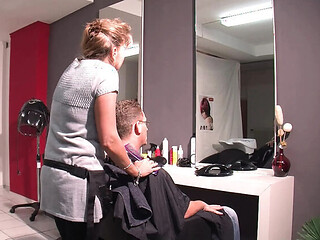 Horny Blonde MILF Hairdresser Gets Wet While Cutting Hair, Then Rides Her Customer Hard