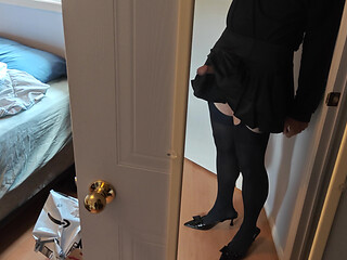 Crossdressing Office Slut Jacks off and Cums all over Stockings and Heels