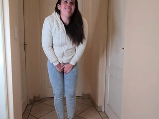 Brunette Slut Desperately Needs to Piss, Pisses in Her Blue Jeans