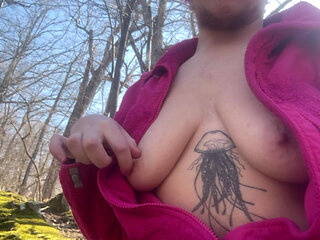 Ftm Topless Hiking: Breastplay in a Mossy Forest