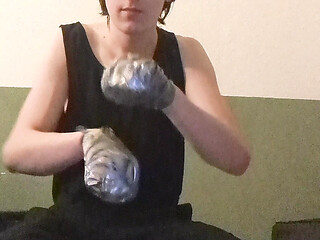 selfbondage mittens and dildo sucking