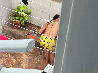 My Neighbor From the House Below Bathes Outside and Was Discovered by Me.