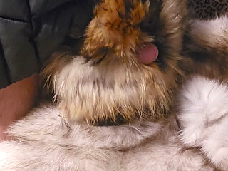 In fur puffer jacket touching and playing with myself with furry mittens.and fox fur coat