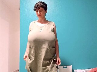Busty curly brunette with big boobs fucks on couch