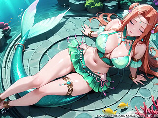 Red-haired Mermaid Princess's Private Tour in the Underwater Palace, Green Bikini hugging her curves, Heeled Boots on soft sand,