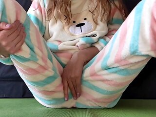 Asian schoolgirl Hotimary in pajamas gets off, squirting all over