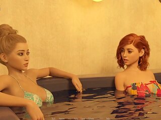 Steamy hot tub hookup in a visual novel featuring a hot brunette cheerleader