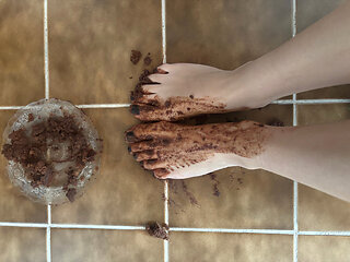 Destroying chocolate cake with my feet