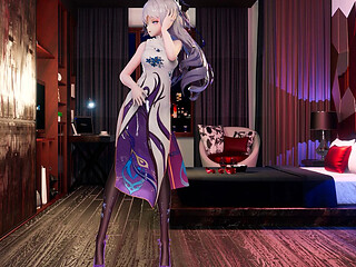 Big Duck - Number9 Keqing in a Cheongsam, Black Stockings, High Heels, Huge Breasts, Big Boobs, Big Butt, White Tiger