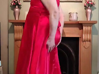 Sexy Crossdresser in Gorgeous Red Satin Dress