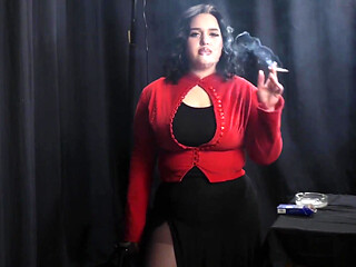 Curvy Brunette Smoking in Red Cardigan