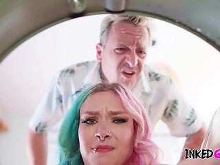 Inked Gurlz - A Tattooed Girl Get Anal by the Washing Machine