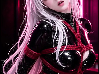 Bound beauty in black latex with red ropes