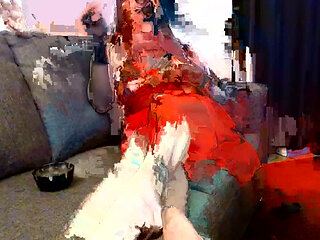 Smoking in Red Lace Night Gown Sexy Barefeet