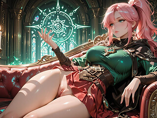 Deep Squat Teasing Under the Giant Magic Array, Green Battle Gear Stretched Tight.