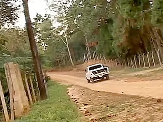 Backwoods blonde with nice tits gets fucked on side of the road by a black guy