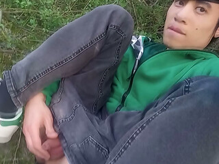 Jon Arteen gay twink'_s soft strokes risky outdoor, uncut foreskin small penis, caught or not