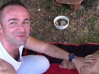 Philip fucked bareback by 2 top boys in the garden and creampied