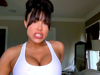 Busty curly brunette with big boobs fucks on couch