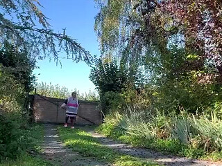 In gardener's clothes after taking a piss shower, a little walk down my driveway
