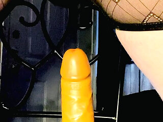 Slut takes 7in dildo in pink asshole