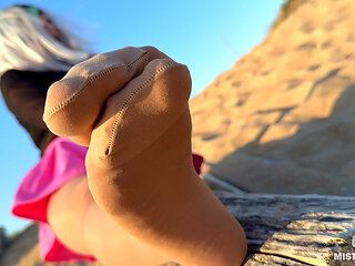 Pantyhose Feet on the Sand Beach: Her Soles in Nylons Tease You Part 2