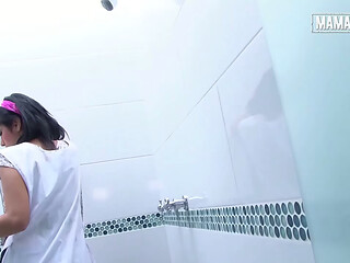Latina Maid in Tight Outfit Gets Wet Cleaning the Bathroom