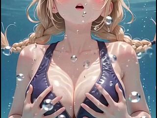 Cute blonde relaxing in and around the pool in a swimsuit anime