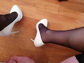 First Cumshots on New White Heels