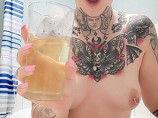 Peeing in a Glass Upclose&golden Shower