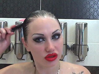 Naughty hair wetting, washing and brushing with sexy make-up JOI