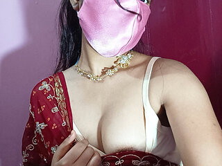 Hot red sexy saree girl playing 
