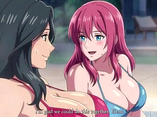 Stepmom and stepsister taking hot bath and pressing boobs