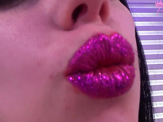 Glittery purple lipstick tease