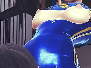 Chun Li Street Fighter 6 - Sexy Cosplay Anime Girl in Blue Latex Costume Gets Her Pussy Licked Through Tight Pants with Orgasm