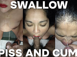 My husband pisses in my mouth and makes me swallow his cum in the bathroom